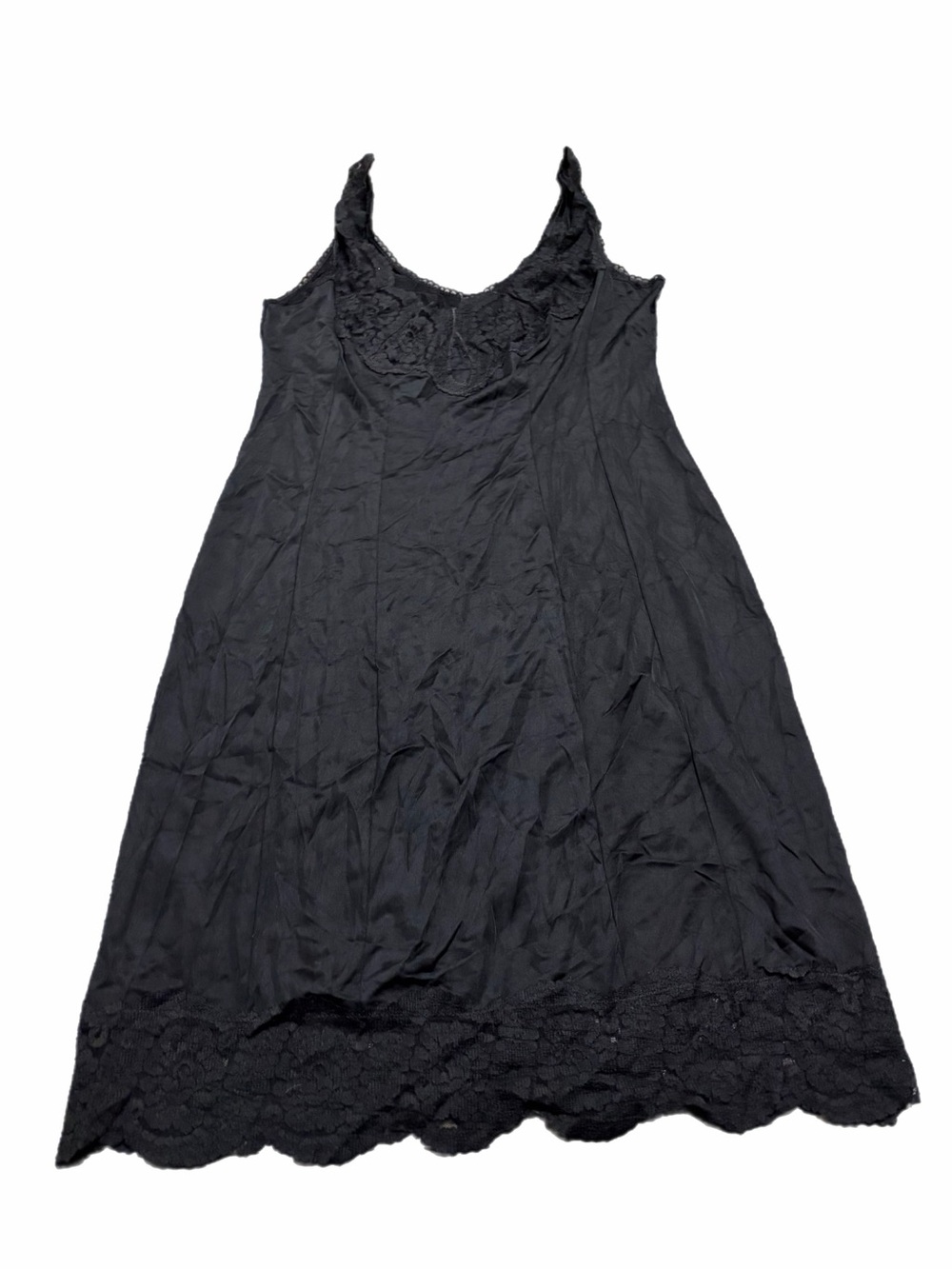 70s European Vintage Silky Nylon Lace Accent Midi Slip Dress (Black) Size L/XL